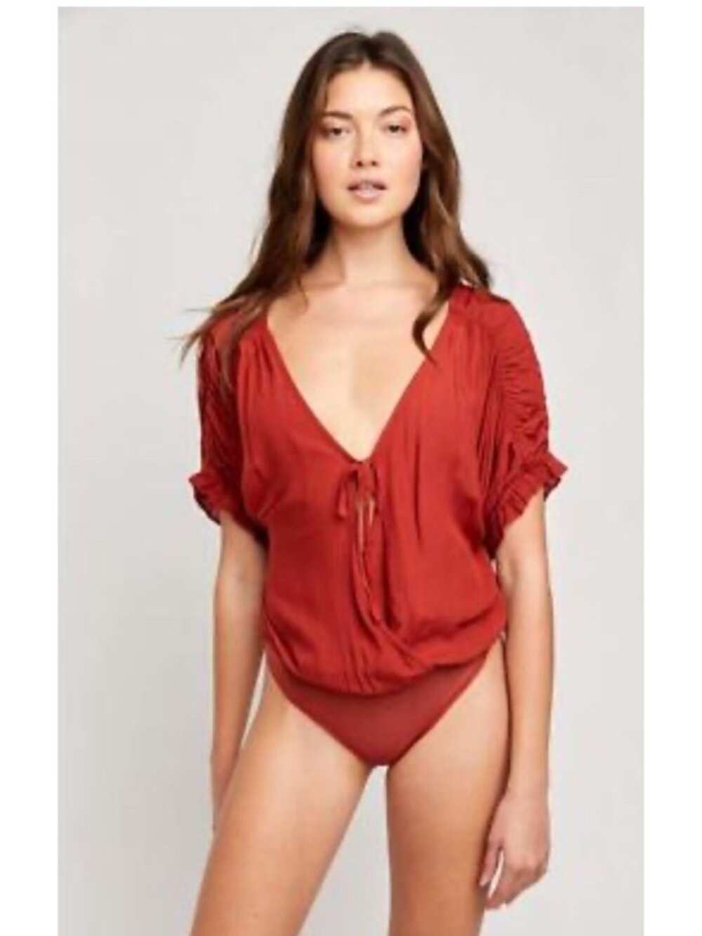 Free People Intimately Cleo Bodysuit Rust Orange Stretch V-Neck Ruched Size XS